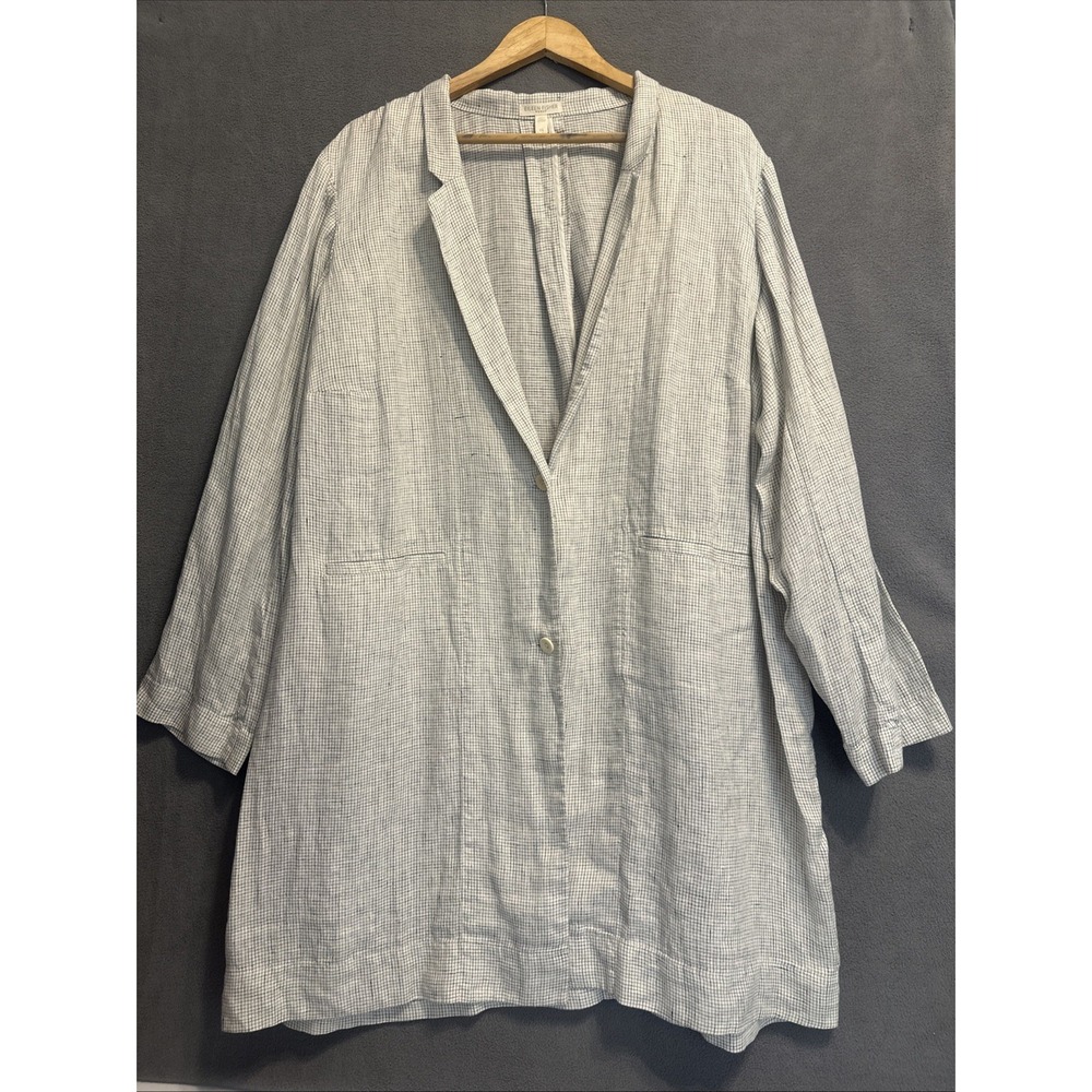 Eileen Fisher Organic Linen Long Jacket 2 Button Blazer Plus Size 3X White Check